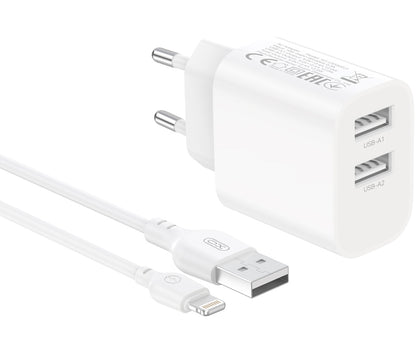 Cargador de pared con cable Lightning XO Design CE55, 12 W, 2,4 A, 2 x USB-A, blanco