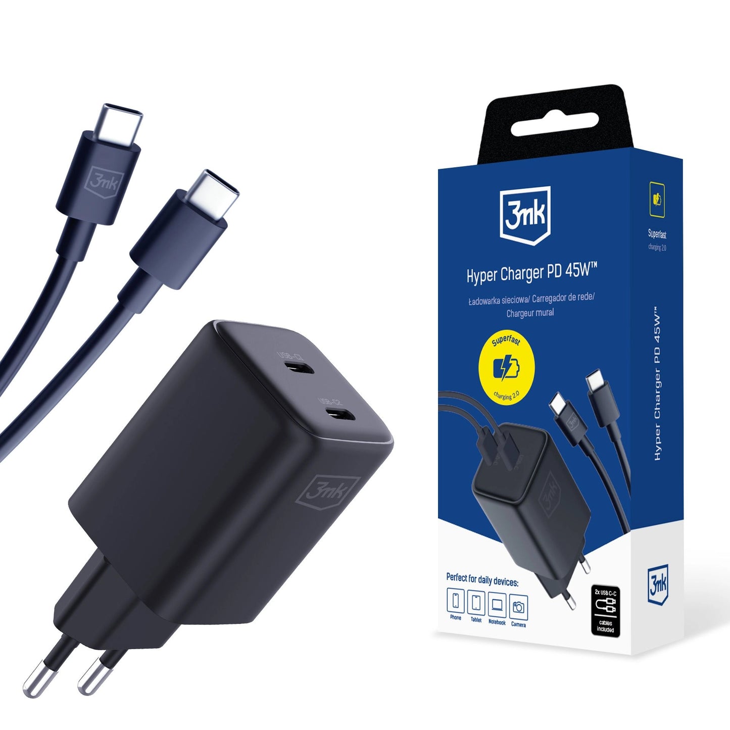 Cargador de red 3MK HyperCharger con cable USB-C, 45 W, 3 A, 2 x USB-C, negro 