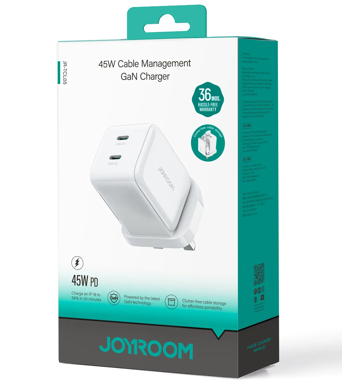 Cargador de Red con Cable USB-C Joyroom JR-TCL05, 45W, 3A, 2 x USB-C, Blanco
