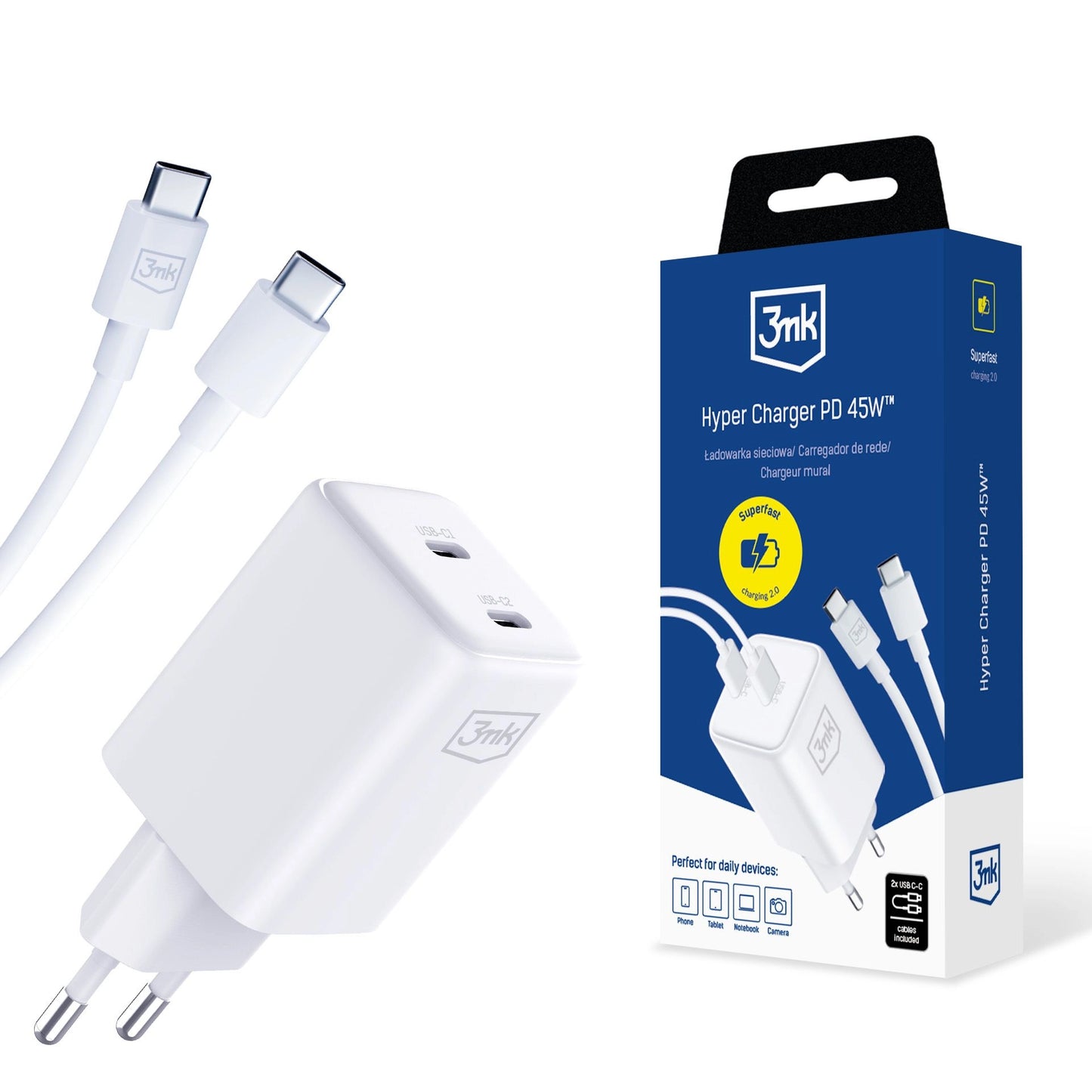 Cargador de red 3MK HyperCharger con cable USB-C, 45 W, 3 A, 2 x USB-C, blanco 