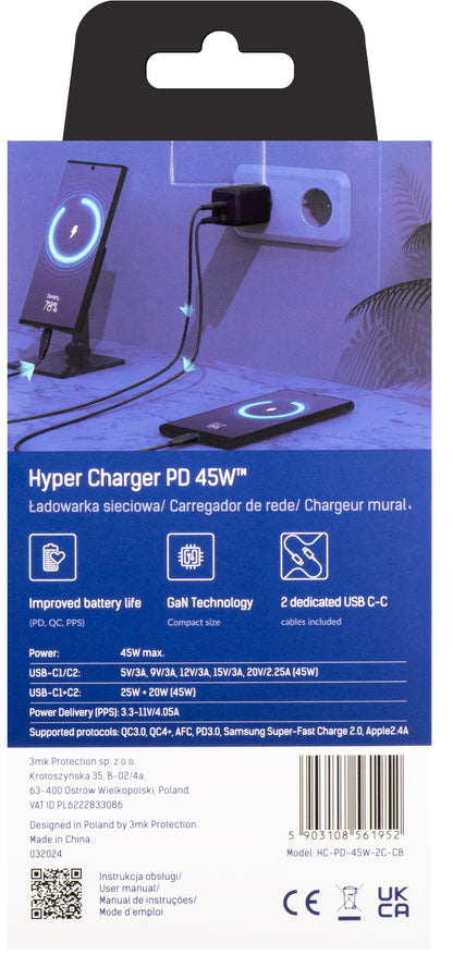 Cargador de red 3MK HyperCharger con cable USB-C, 45 W, 3 A, 2 x USB-C, negro 