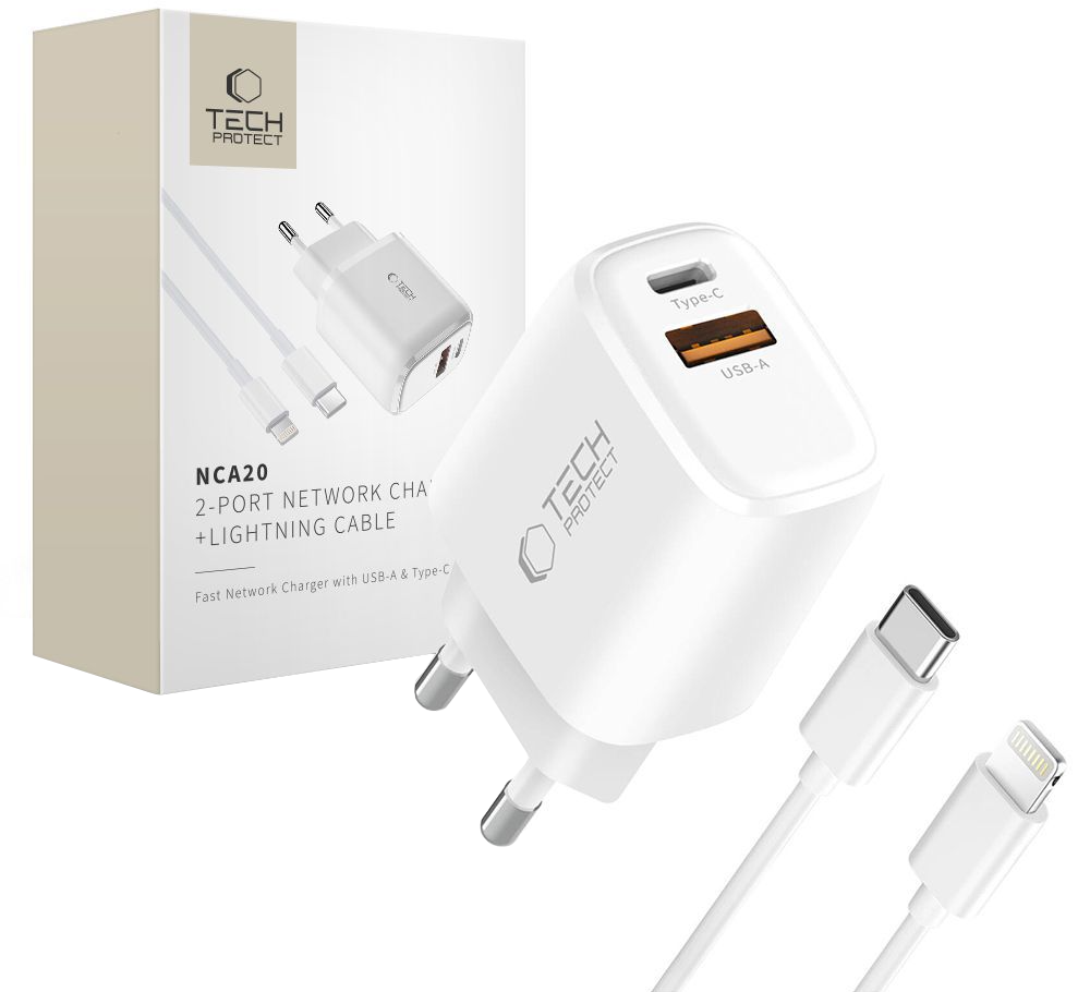 Cargador de Red con Cable Lightning Tech-Protect NCA20, 20W, 3A, 1 x USB-A - 1 x USB-C, Blanco