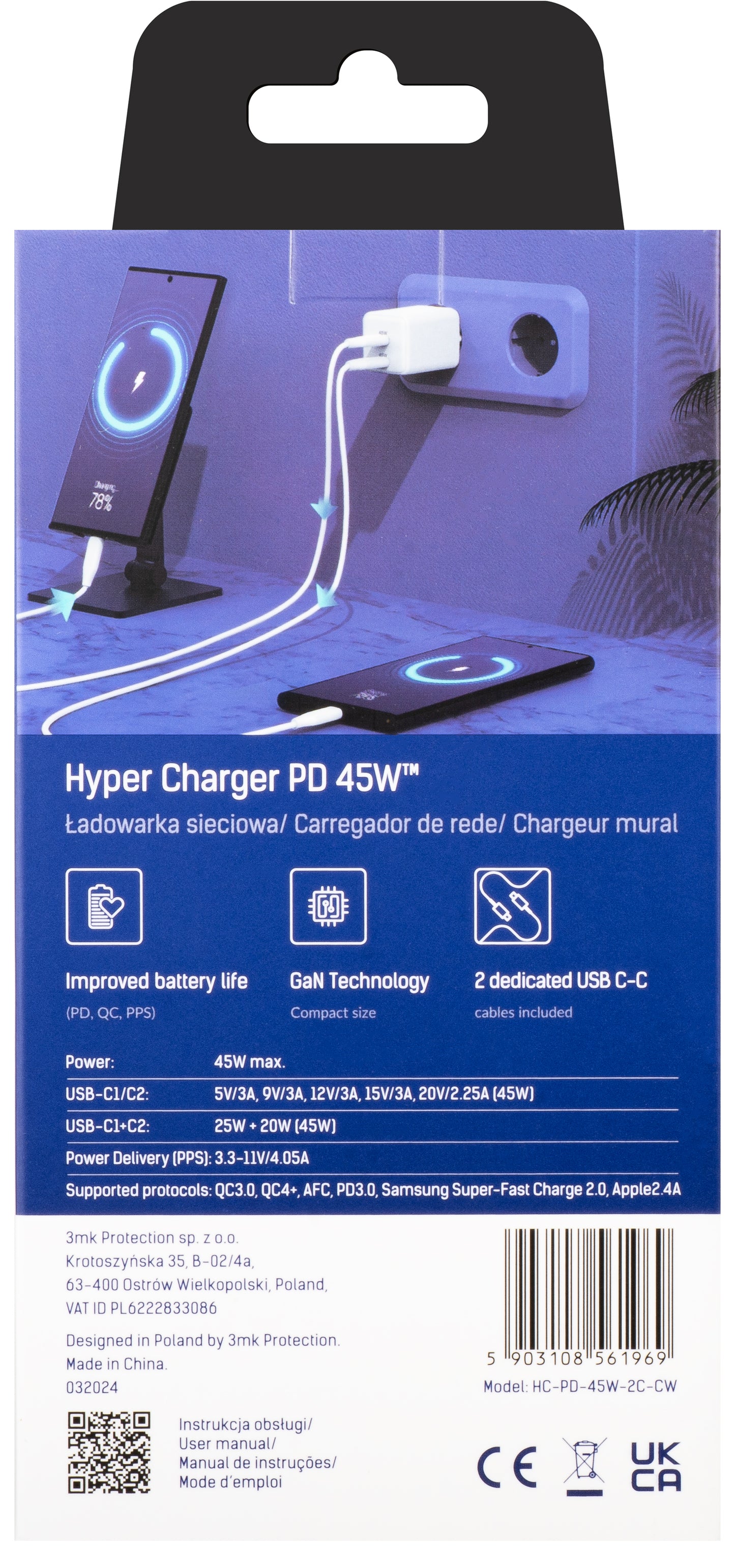 Cargador de red 3MK HyperCharger con cable USB-C, 45 W, 3 A, 2 x USB-C, blanco 