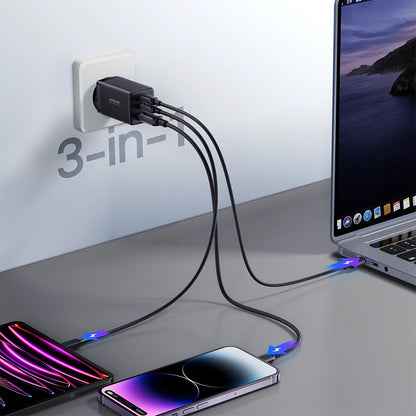 Cargador de Red con Cable USB-C Joyroom TCG01, 65W, 3.25A, 1 x USB-A - 2 x USB-C, Negro