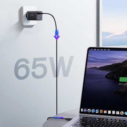 Cargador de Red con Cable USB-C Joyroom TCG01, 65W, 3.25A, 1 x USB-A - 2 x USB-C, Negro