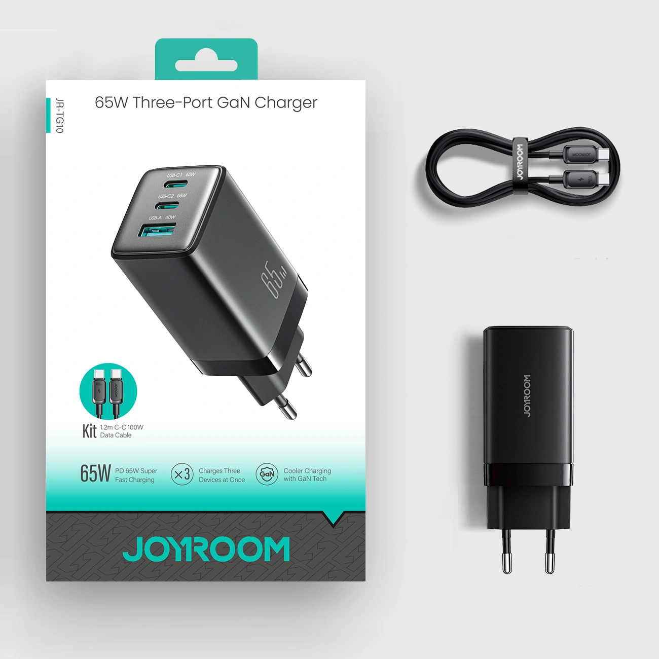 Cargador de Red con Cable USB-C Joyroom JR-TG10, 65W, 3.25A, 1 x USB-A - 2 x USB-C, Negro