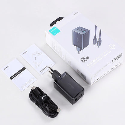 Cargador de Red con Cable USB-C Joyroom TCG01, 65W, 3.25A, 1 x USB-A - 2 x USB-C, Negro