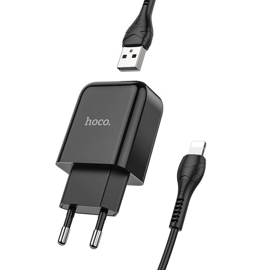 Cargador de Red con Cable Lightning HOCO N2, 10W, 2A, 1 x USB-A, Negro