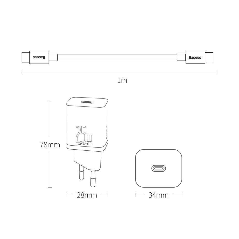 Cargador de red Baseus Super Si USB-C con cable USB-C, 25 W, 3 A, 1 x USB-C, negro TZCCCSUP-L01 