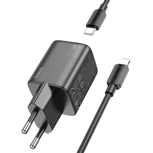 Cargador de Red con Cable Lightning HOCO N41, 20W, 3A, 1 x USB-A - 1 x USB-C, Negro