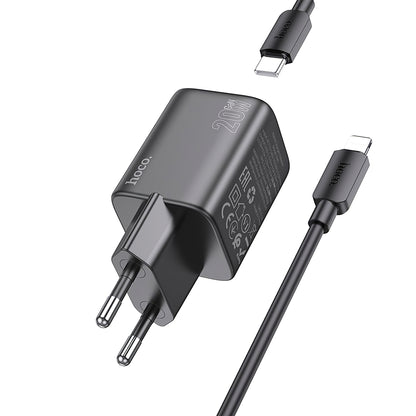 Cargador de red con cable Lightning HOCO N40, 20W, 3A, 1 x USB-C, Negro 