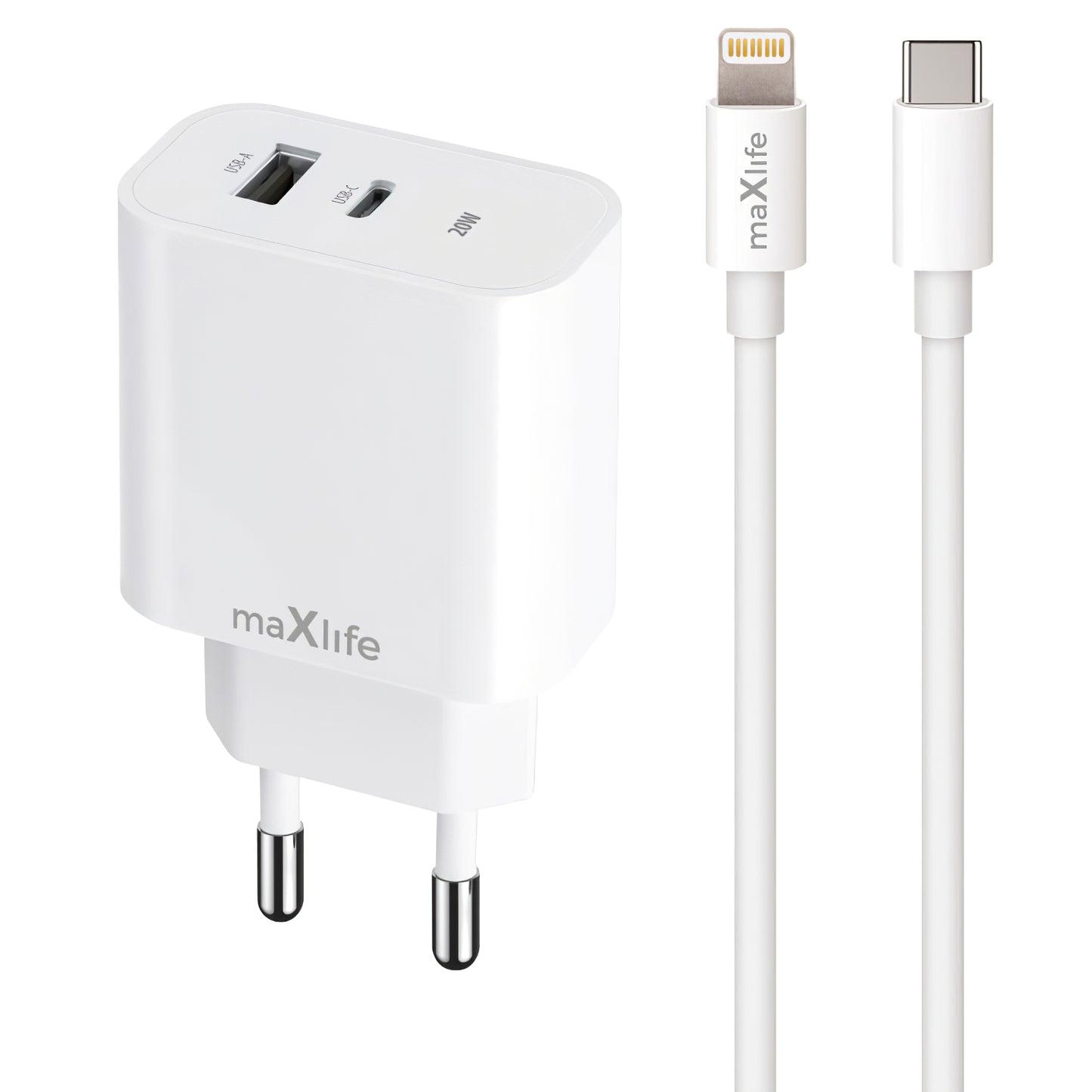 MaXlife MXTC-06-20AC Cargador de red MaXlife MXTC-06-20AC con cable Lightning, 20 W, 3 A, 1 x USB-A - 1 x USB-C, blanco 