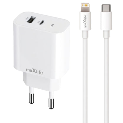 MaXlife MXTC-06-20AC Cargador de red MaXlife MXTC-06-20AC con cable Lightning, 20 W, 3 A, 1 x USB-A - 1 x USB-C, blanco 