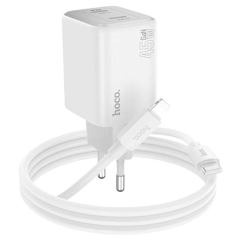 Cargador de red con cable Lightning HOCO N42, 45W, 3A, 2 x USB-C, Blanco 