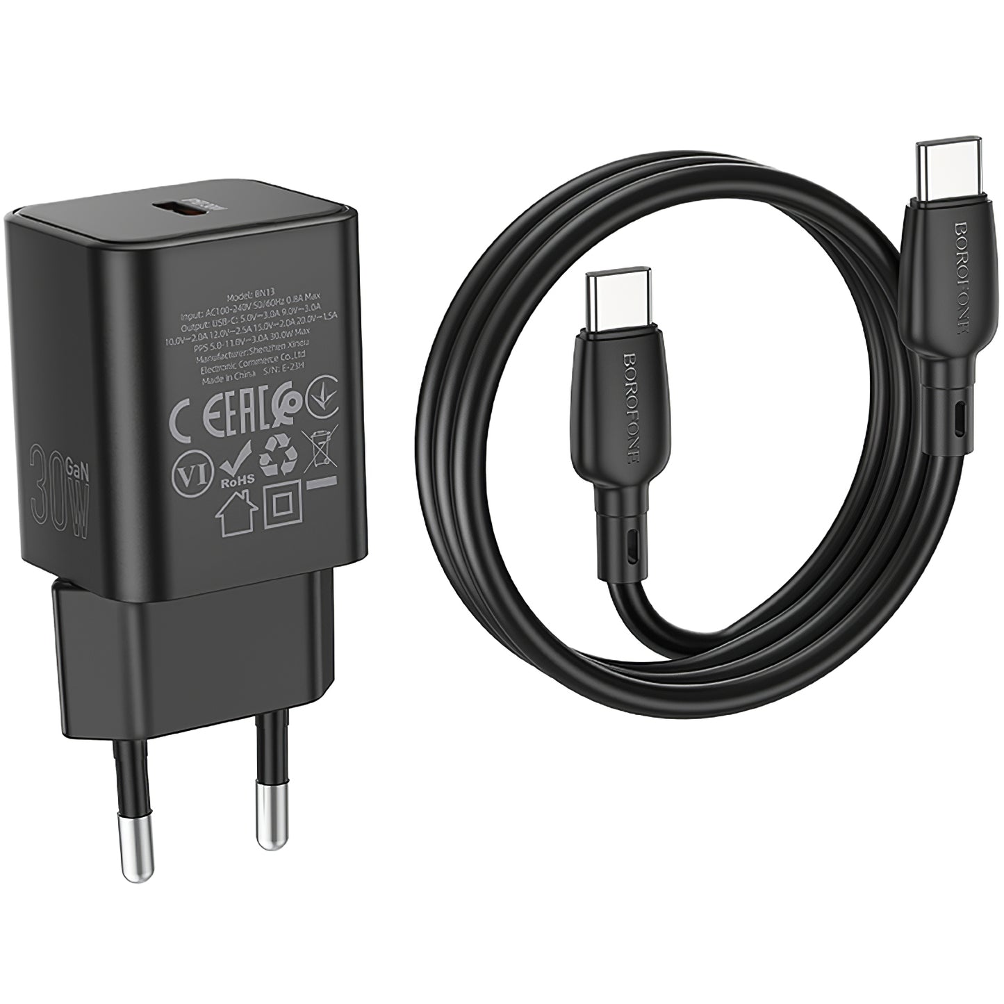 Cargador de red con cable USB-C Borofone BN13 Safety, 30W, 3A, 1 x USB-C, Negro 