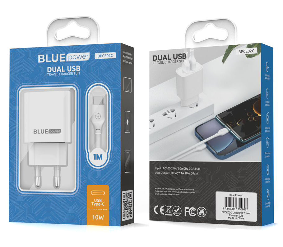 Blue Power BPCE02C Cargador de red con cable USB-C BPCE02C, 10,5 W, 2,1 A, 2 x USB-A, blanco