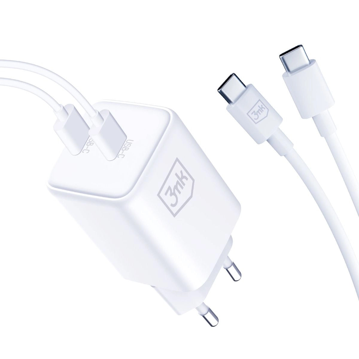 Cargador de red 3MK HyperCharger con cable USB-C, 45 W, 3 A, 2 x USB-C, blanco 