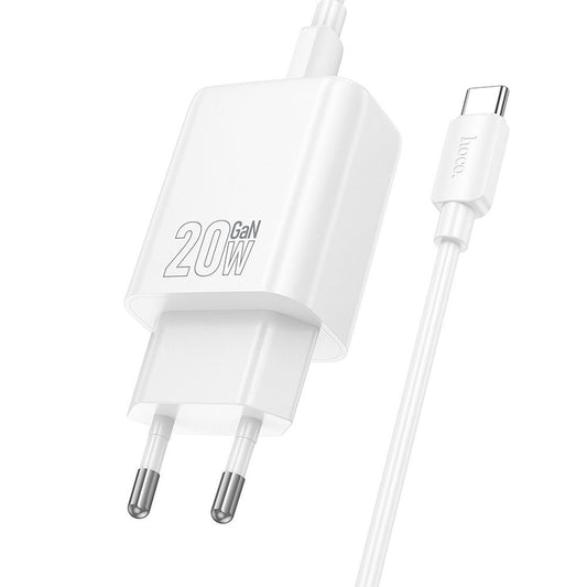 Cargador de Red con Cable USB-C HOCO N60, 20W, 3A, 1 x USB-C, Blanco