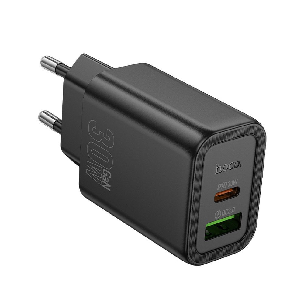 Cargador de Red HOCO N63, 30W, 3A, 1 x USB-A - 1 x USB-C, Negro