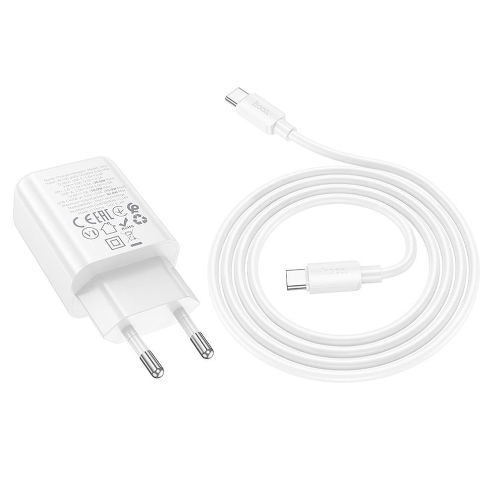 Cargador de Red con Cable USB-C HOCO N63, 30W, 3A, 1 x USB-A - 1 x USB-C, Blanco