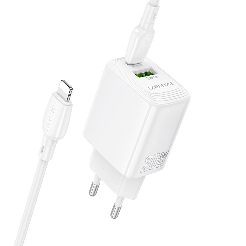 Cargador de Red con Cable Lightning Borofone BN27 Fuente, 20W, 3A, 1 x USB-A - 1 x USB-C, Blanco