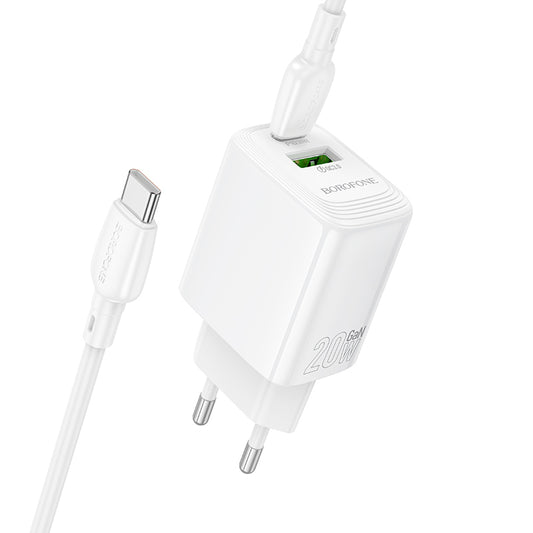 Cargador de Red con Cable USB-C Borofone BN27 Fuente, 20W, 3A, 1 x USB-A - 1 x USB-C, Blanco