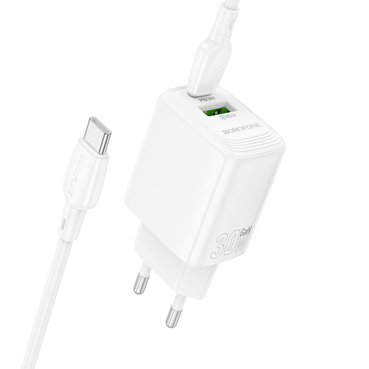 Cargador de Red con Cable USB-C Borofone BN29 Fuente, 30W, 3A, 1 x USB-A - 1 x USB-C, Blanco