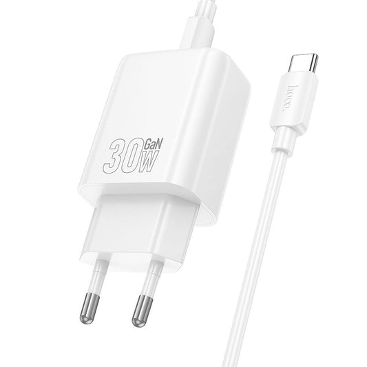 Cargador de Red con Cable USB-C HOCO N62, 30W, 3A, 1 x USB-C, Blanco