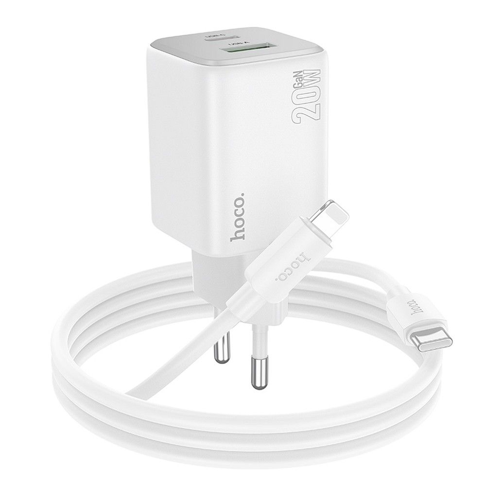 Cargador de Red con Cable Lightning HOCO N41, 20W, 3A, 1 x USB-A - 1 x USB-C, Blanco