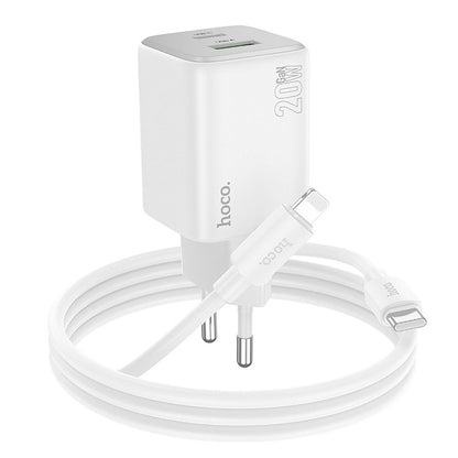 Cargador de Red con Cable Lightning HOCO N41, 20W, 3A, 1 x USB-A - 1 x USB-C, Blanco