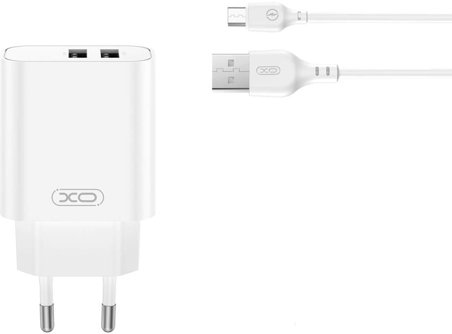 Cargador de Red con Cable microUSB XO Design CE34, 12W, 2.4A, 2 x USB-A, Blanco