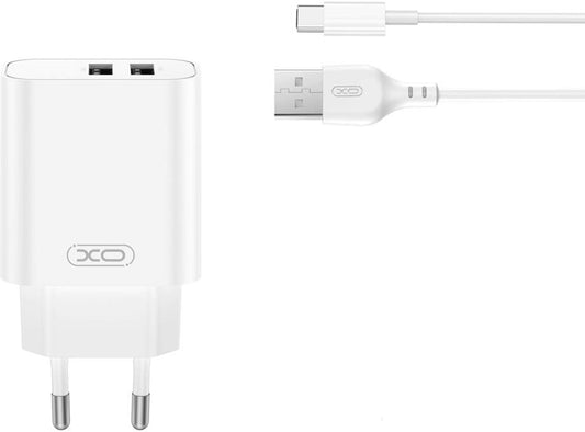 Cargador de Red con Cable USB-C XO Design CE34, 12W, 2.4A, 2 x USB-A, Blanco