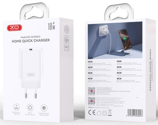 Cargador de Red con Cable Lightning XO Design CE33, 18W, 3A, 1 x USB-A, Blanco