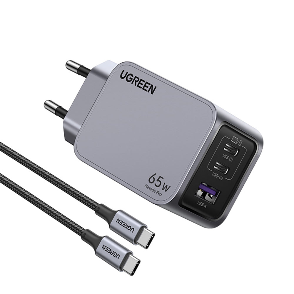 Cargador de Red con Cable USB-C UGREEN X755 Nexode Pro, 65W, 3A, 1 x USB-A - 2 x USB-C, Gris