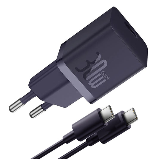 Cargador de Red con Cable USB-C Baseus GaN Mini 1C, 30W, 3A, 1 x USB-C, Morado P10110902523-00