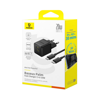 Cargador de Red con Cable USB-C Baseus Palm, 20W, 3A, 1 x USB-A - 1 x USB-C, Negro P10111608113-01