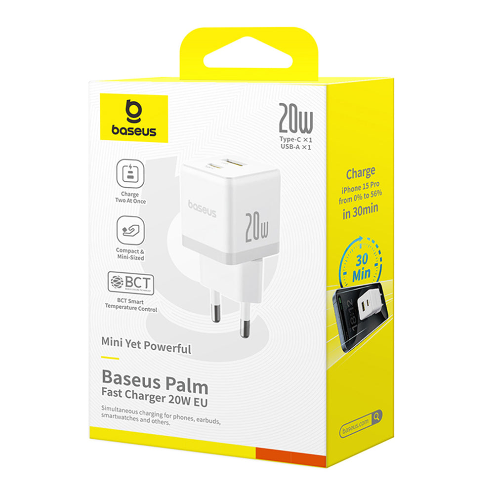 Cargador de Red con Cable USB-C Baseus Palm, 20W, 3A, 1 x USB-A - 1 x USB-C, Blanco P10111608213-01