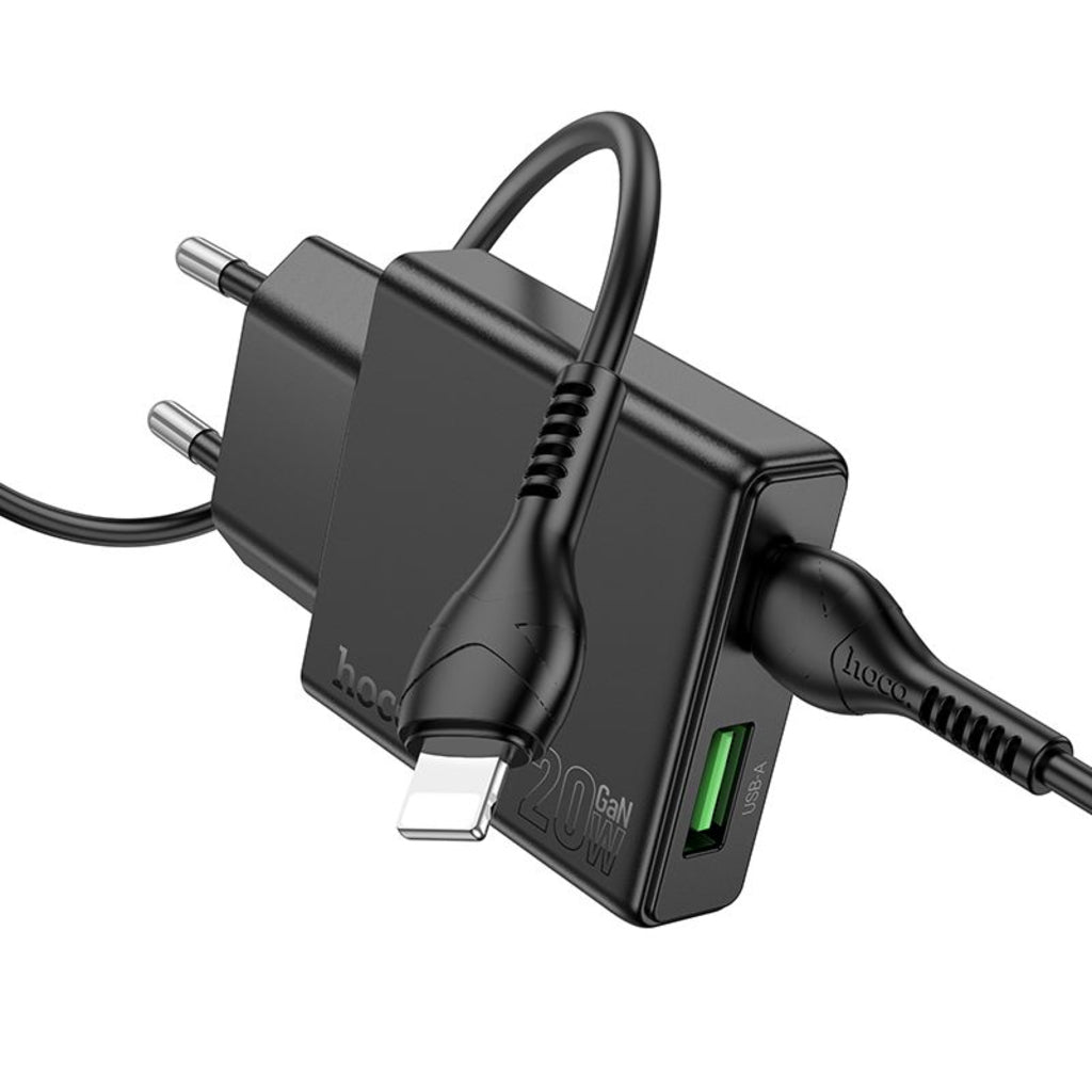 Cargador de Red con Cable Lightning HOCO N38, 20W, 3A, 1 x USB-A - 1 x USB-C, Negro