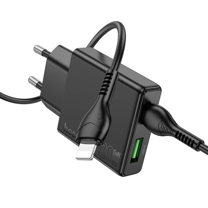 Cargador de Red con Cable Lightning HOCO N38, 20W, 3A, 1 x USB-A - 1 x USB-C, Negro