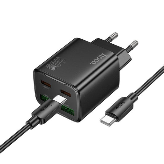 Cargador de Red con Cable USB-C HOCO N56, 30W, 3A, 2 x USB-A - 2 x USB-C, Negro