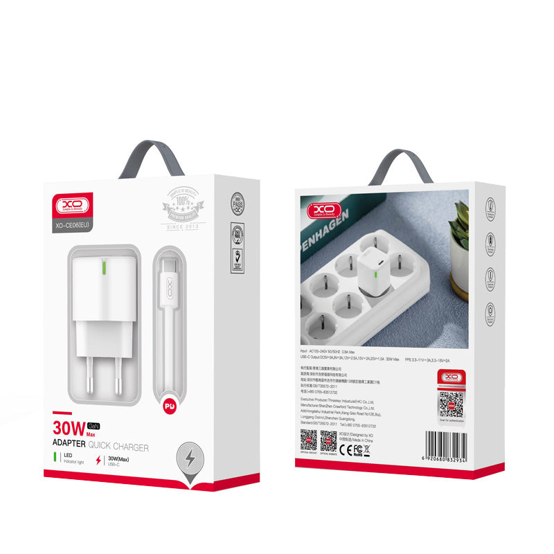 Cargador de Red con Cable USB-C XO Design CE06, 30W, 3A, 1 x USB-C, Blanco