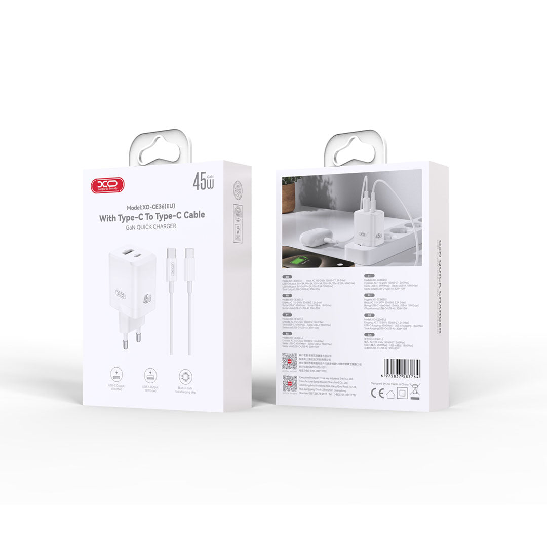 Cargador de Red con Cable USB-C XO Design CE36, 45W, 3A, 1 x USB-A - 1 x USB-C, Blanco