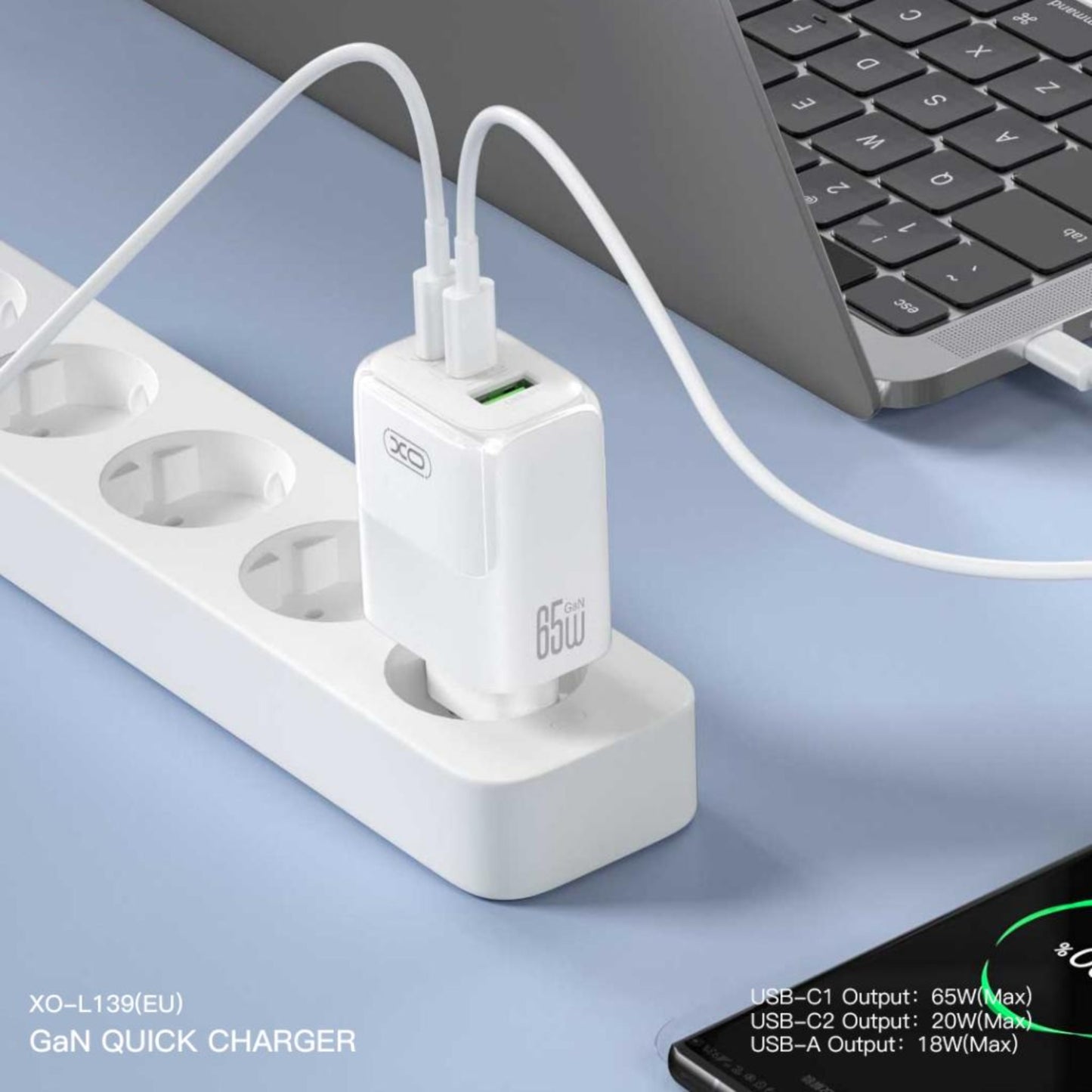Cargador de Red con Cable USB-C XO Design L139, 65W, 4.5A, 1 x USB-A - 2 x USB-C, Blanco
