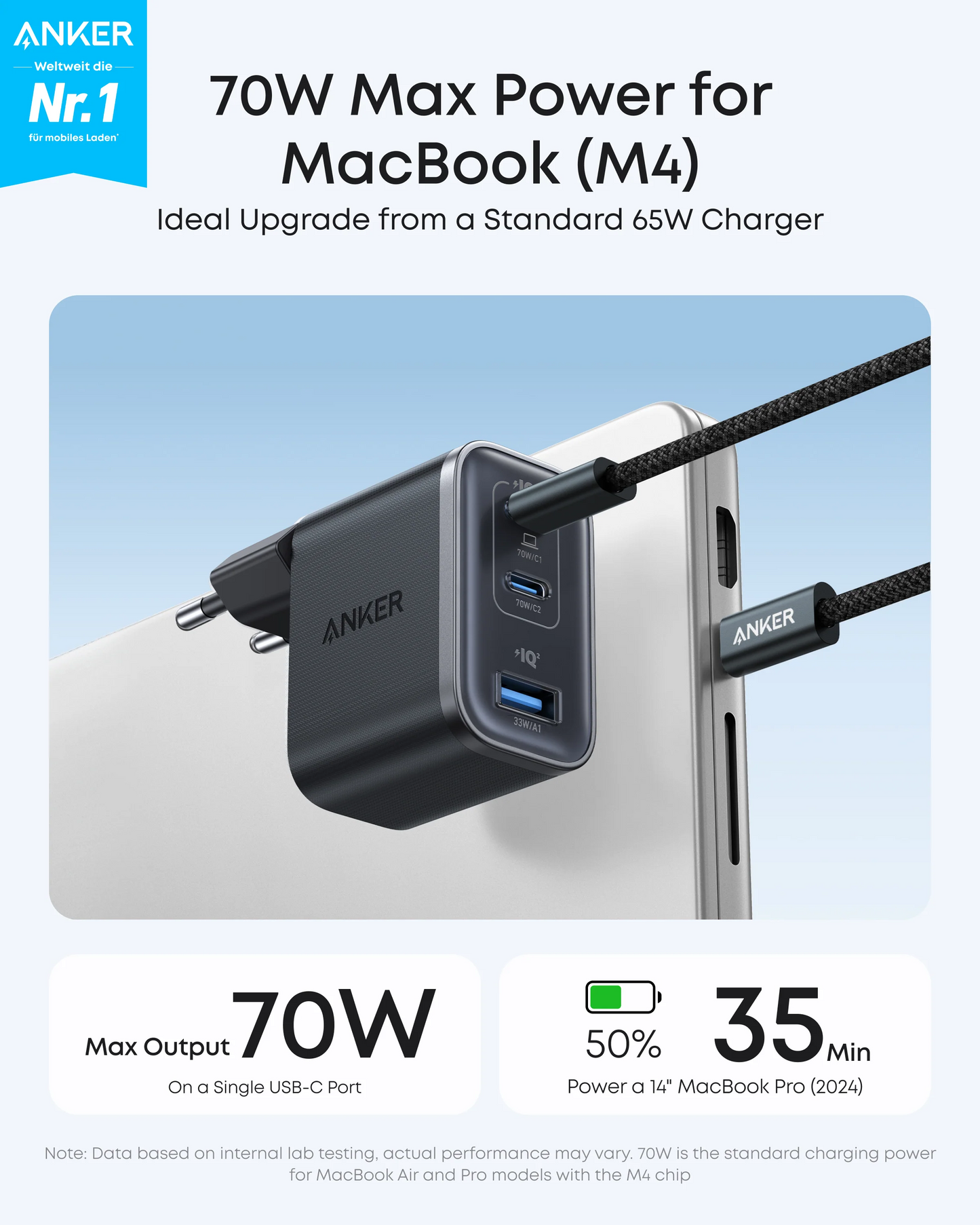 Cargador de Red con Cable USB-C Anker Nano, 70W, 3.5A, 1 x USB-A - 2 x USB-C, Gris B121A311