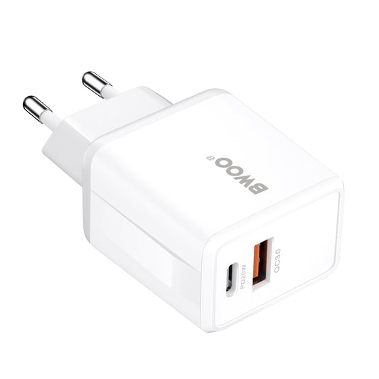 Cargador de Red con Cable USB-C BWOO CDA182, 38W, 3A, 1 x USB-A - 1 x USB-C, Blanco