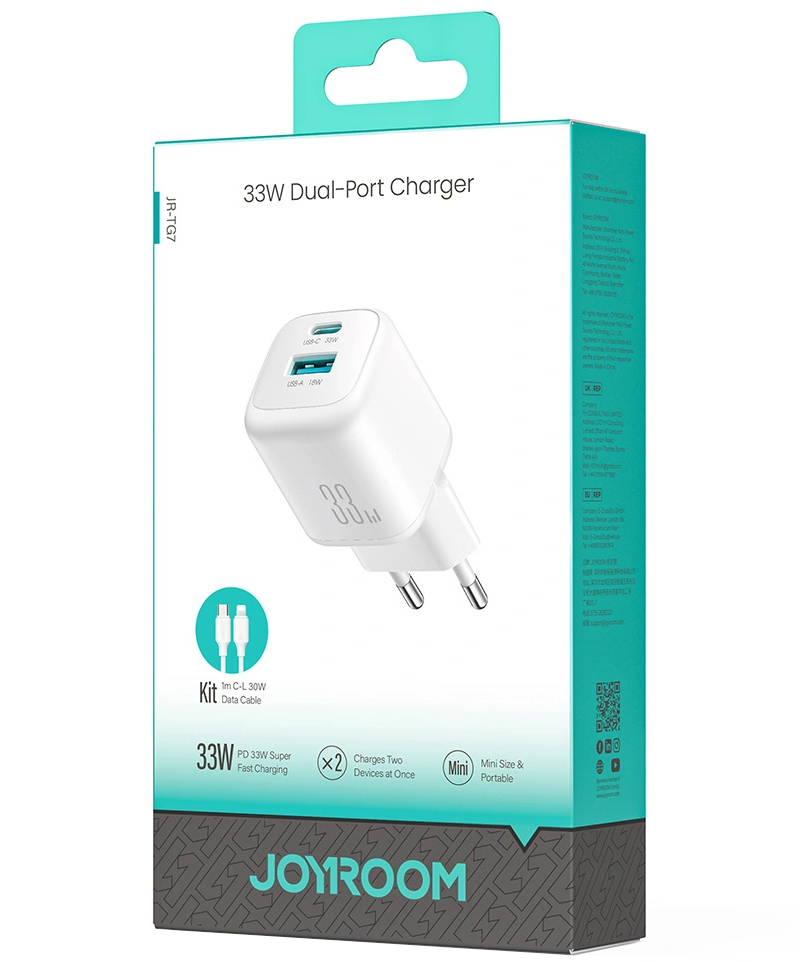 Cargador de Red con Cable Lightning Joyroom JR-TG7, 33W, 3A, 1 x USB-A - 1 x USB-C, Blanco
