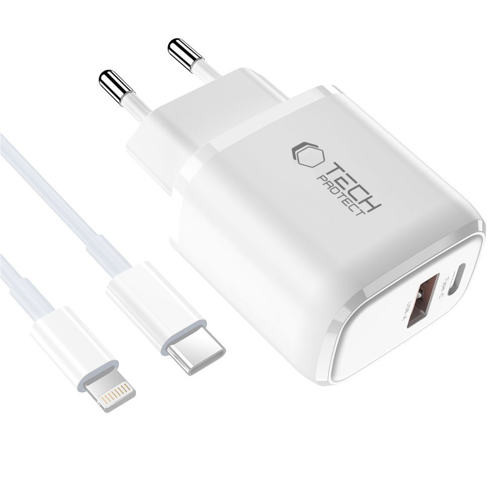 Cargador de Red con Cable Lightning Tech-Protect NCA20, 20W, 3A, 1 x USB-A - 1 x USB-C, Blanco