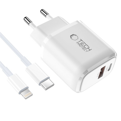Cargador de Red con Cable Lightning Tech-Protect NCA20, 20W, 3A, 1 x USB-A - 1 x USB-C, Blanco