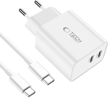 Cargador de Red con Cable USB-C Tech-Protect C35W, 35W, 3A, 2 x USB-C, Blanco