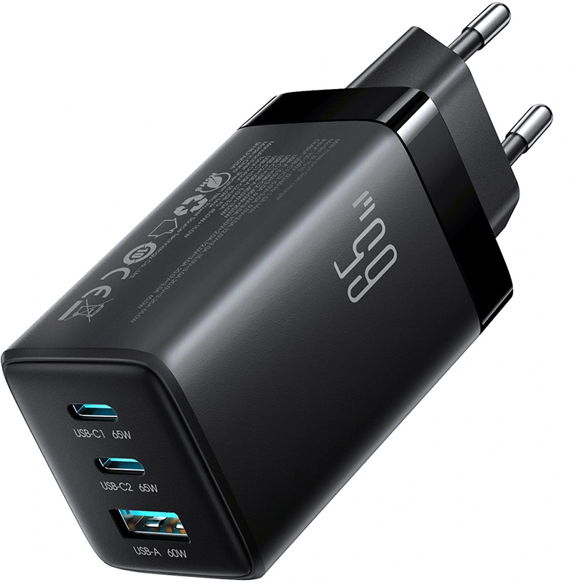 Cargador de Red con Cable USB-C Joyroom JR-TG10, 65W, 3.25A, 1 x USB-A - 2 x USB-C, Negro
